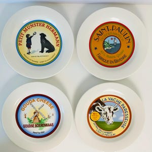4 RETRO CHEESE PLATES, 2005 Restoration Hardware Cheese Plates, Set of 4 Different Cheeses, Restoration Hardware 7-1/2&quot; Cheese Design Plates