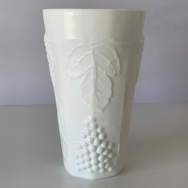 MILK GLASS PLANTER, Vintage Taper Milk Glass Grapes and Leaves Planter Vase, 5-3/4" Tall White Milk Glass Embossed Grapes Vase Planter