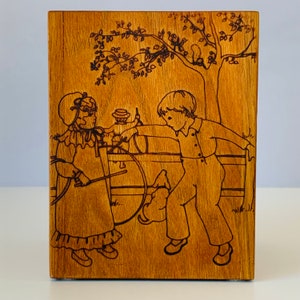 VINTAGE MEMORY BANK Box, Handcrafted Wood Box for Mementos, Toystalgia Wooden Bank, Pyrography Wood Burning, Baby Gift