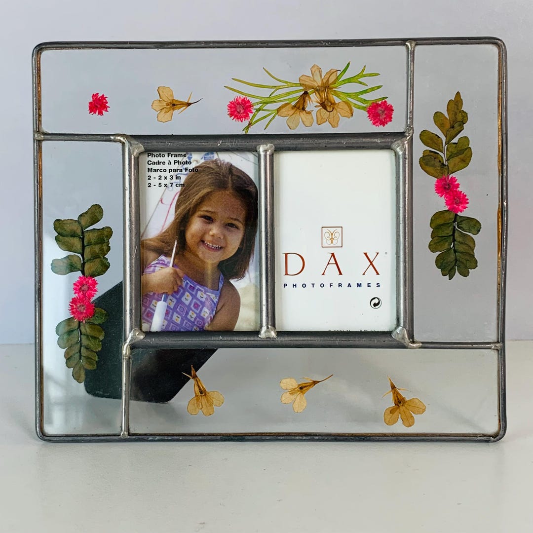 DAX LEADED GLASS Double Picture Frame, Vintage Pressed Glass