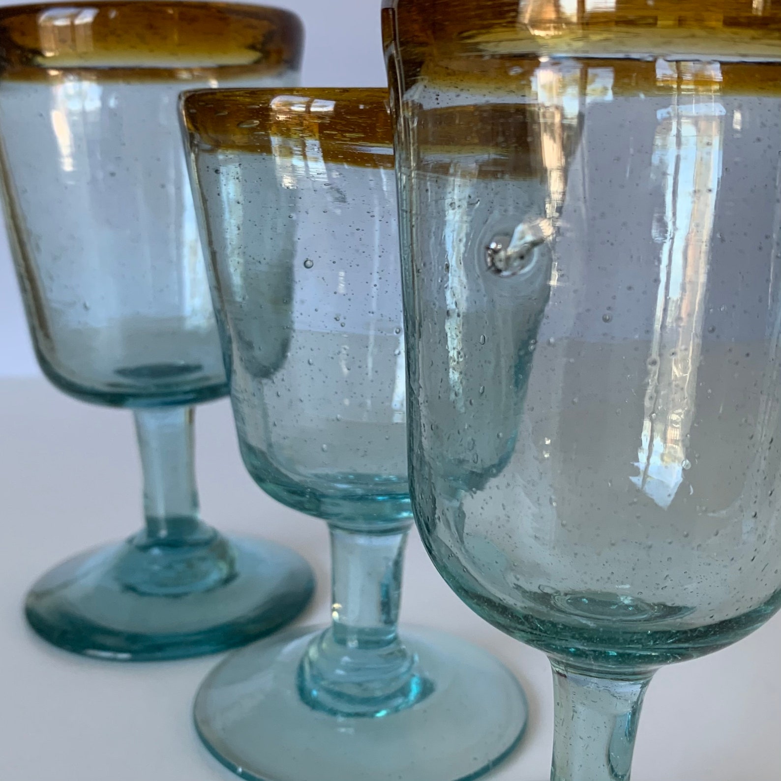 BUBBLE GLASS GOBLETS Hand Blown Green Glass Pedestal Glasses Etsy