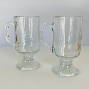 2 IRISH COFFEE CUPS, Princess House Heritage Irish Mugs, Clear Glass Floral Etched, Pedestal Teacups Latte Coffee Cups, 5-1/2&quot; T