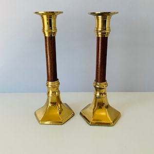 2 BRASS and WOOD CANDLESTICK Holders, Set of 2 Matching Taper Candle Holders, 7" Tall Retro Taper Candle Holders, India Brass Candlesticks