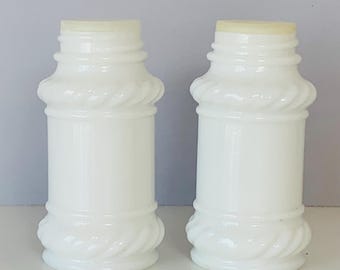 2 MILK GLASS SHAKERS, Vintage Milk Glass Salt and Pepper Shakers, Rubber Snap on Tops, Retro Salt and Pepper Shaker Set, Embossed Milk Glass