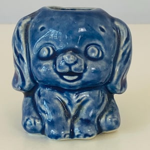 MINI PLANTER DOG Figure, Vintage Japan Ceramic Happy Blue Puppy Dog Vase, 2&quot; Tall Miniature Ceramic Planter Vase, Dog Shaped Planter