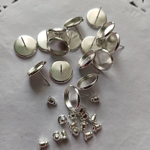 Silver Tone 12mm tray Cabochon Earring Setting 10pcs,Cabochon Earrings Settings, Earring Bezel Posts, Cabochons Bezels, Jewelry Supplies