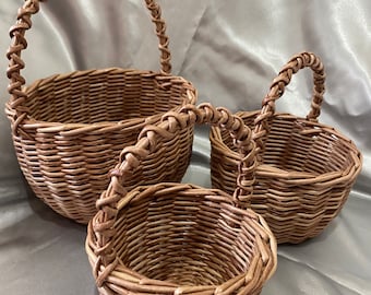 Rustic wicker wedding basket Flower Girl basket with handle Small white petals basket Round brown basket  Easter home decor for her