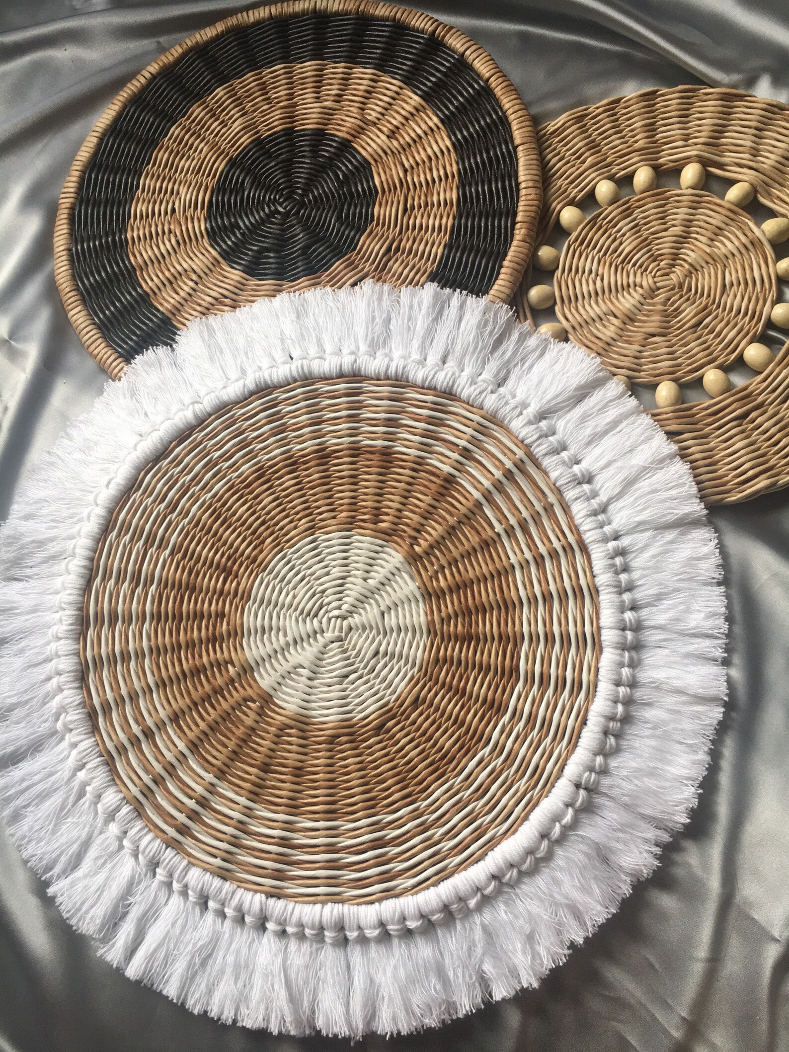 African large decorative wicker wall white fringed basket Etsy