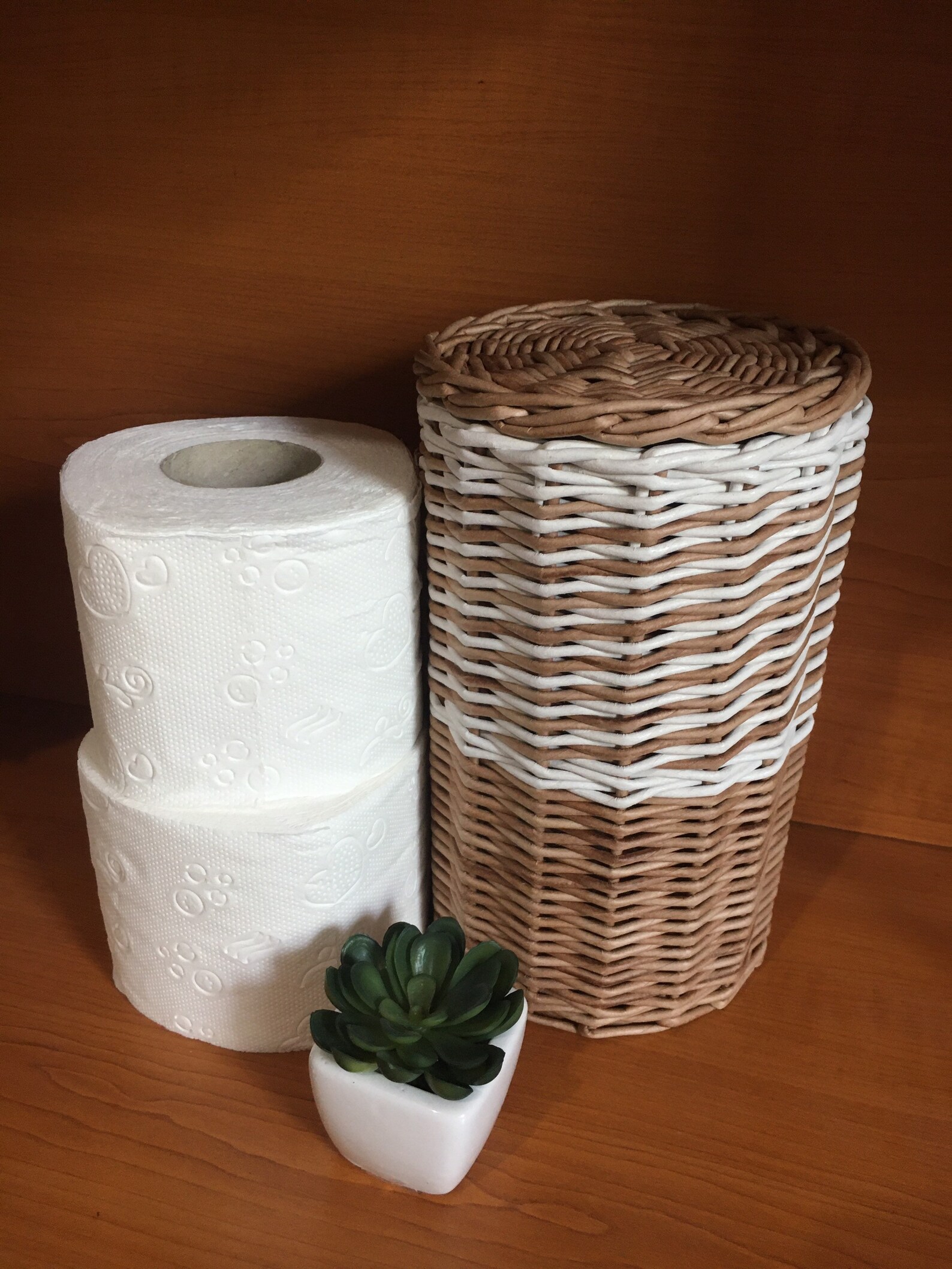 Wicker decorative toilet paper storage basket Lidded round Etsy