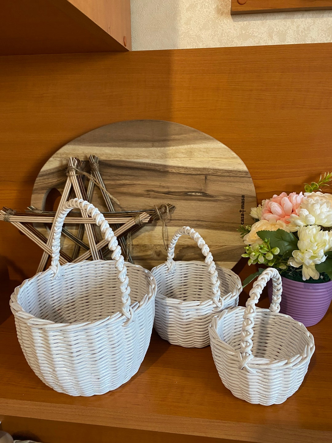 Rustic Wicker Wedding Basket Flower Girl Basket With Handle Small White