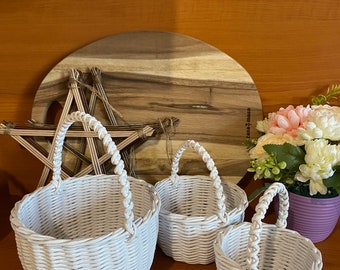 Rustic wicker wedding basket Flower Girl basket with handle Small white petals basket Round brown basket  Easter home decor for her