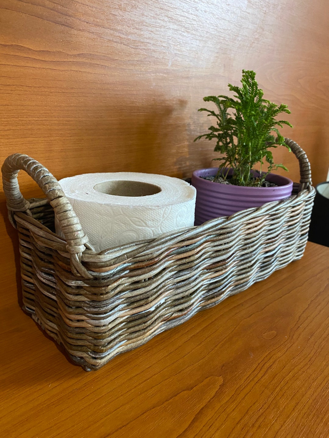 Wicker Rectangular Storage Basket Toilet Roll Holder Farmhouse Storage