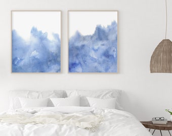 Set of 2 abstract wall art, Blue Abstract wall art set of 2, Set watercolor wall art, Minimalist print, Indigo wall decor, Bedroom wall art