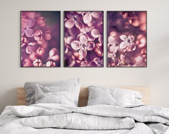 Printable wall art set of 3, Floral prints set, Bedroom wall art set, Botanical Print Set, Plant Wall Art, Purple wall decor,living room art