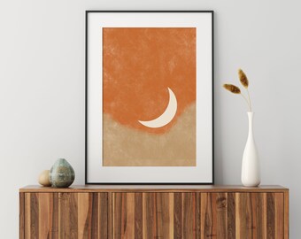 Moon Print, Digital, Abstract Landscape, Digital download, Yellow Printable, Minimalist print,Printable wall art,Boho Prints, Moon printable