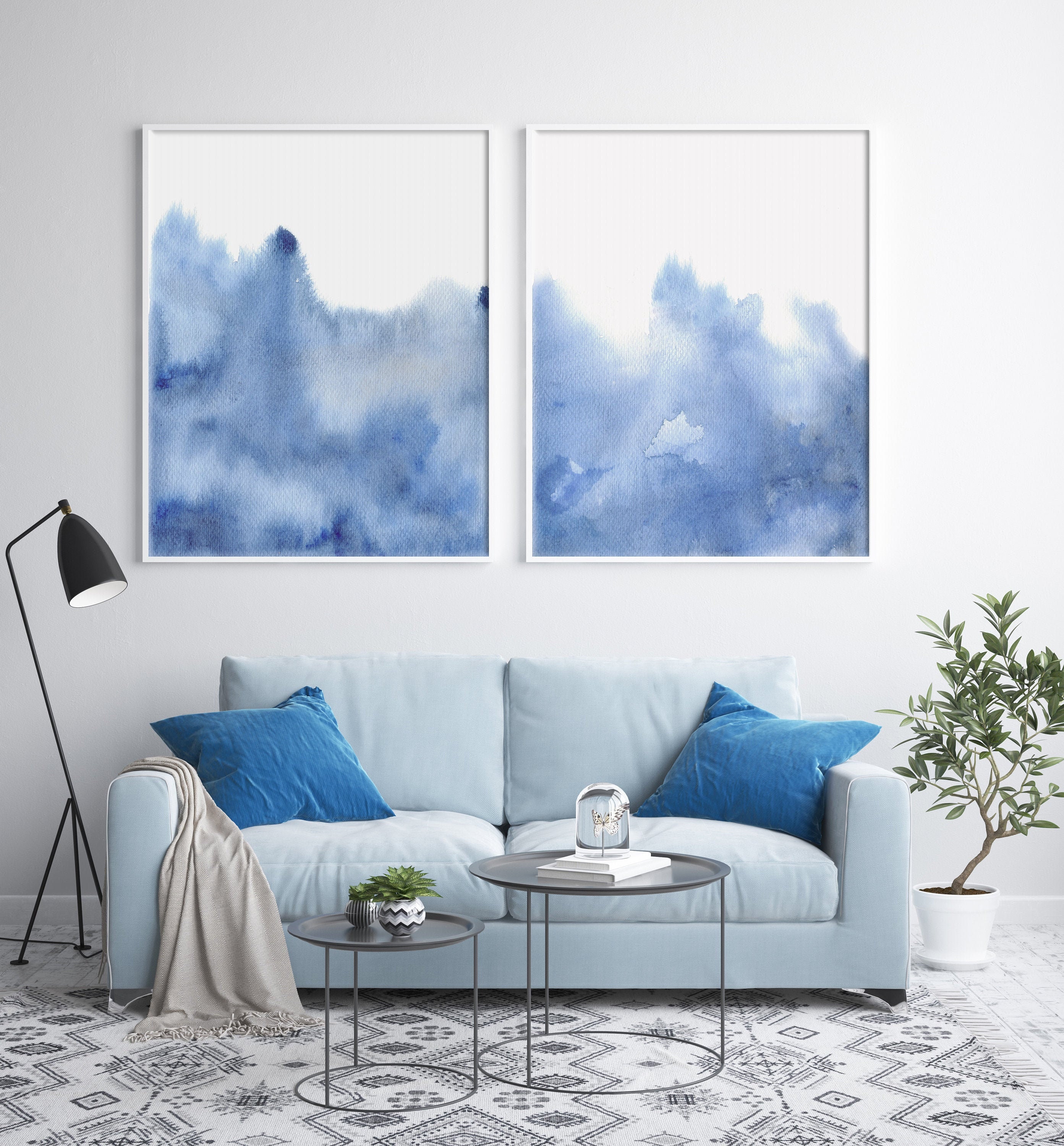 Set of 2 Blue Abstract Wall Art, Abstract Wall Art Set of 2, Set Watercolor Wall Art, Minimalist
