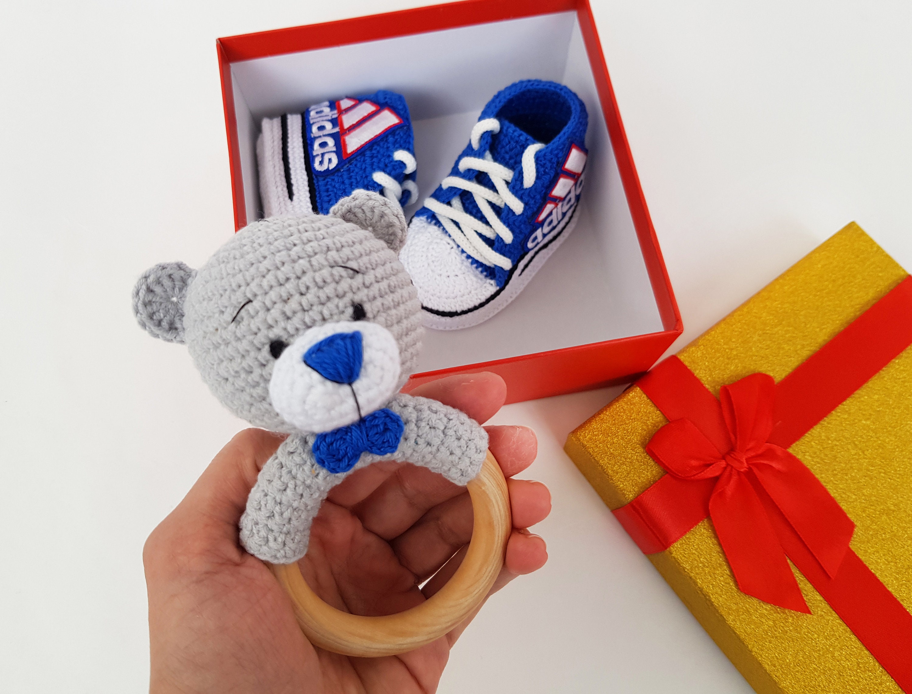 Crochet Rattle and blue baby booties baby rattle teddy bear Etsy