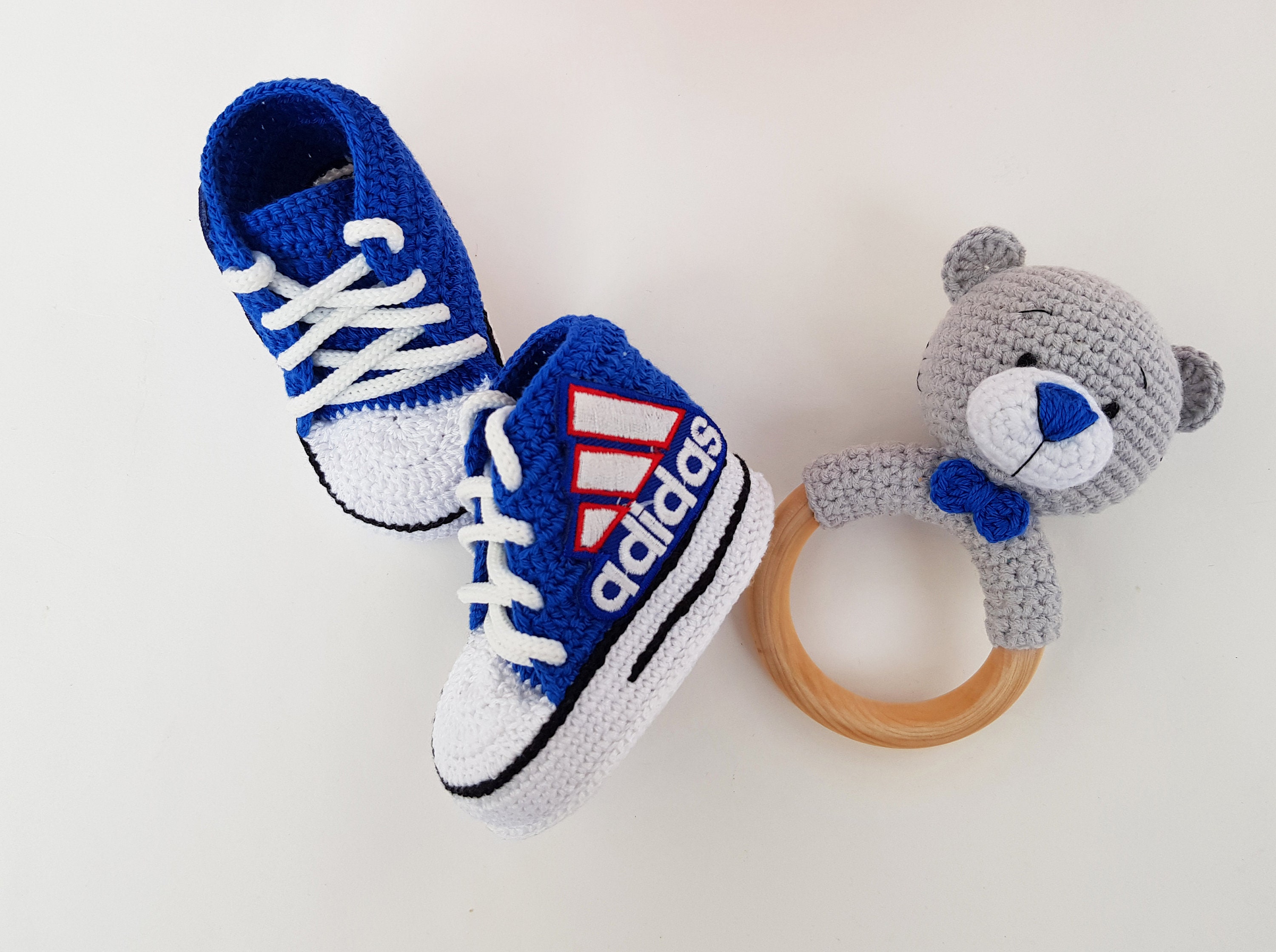 Crochet Rattle and blue baby booties baby rattle teddy bear Etsy