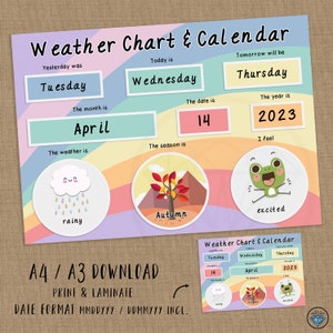 Tableau du matin quotidien, carte météo et calendrier, maternelle, école à la maison, prématernelle, imprimable, PDF, téléchargeable