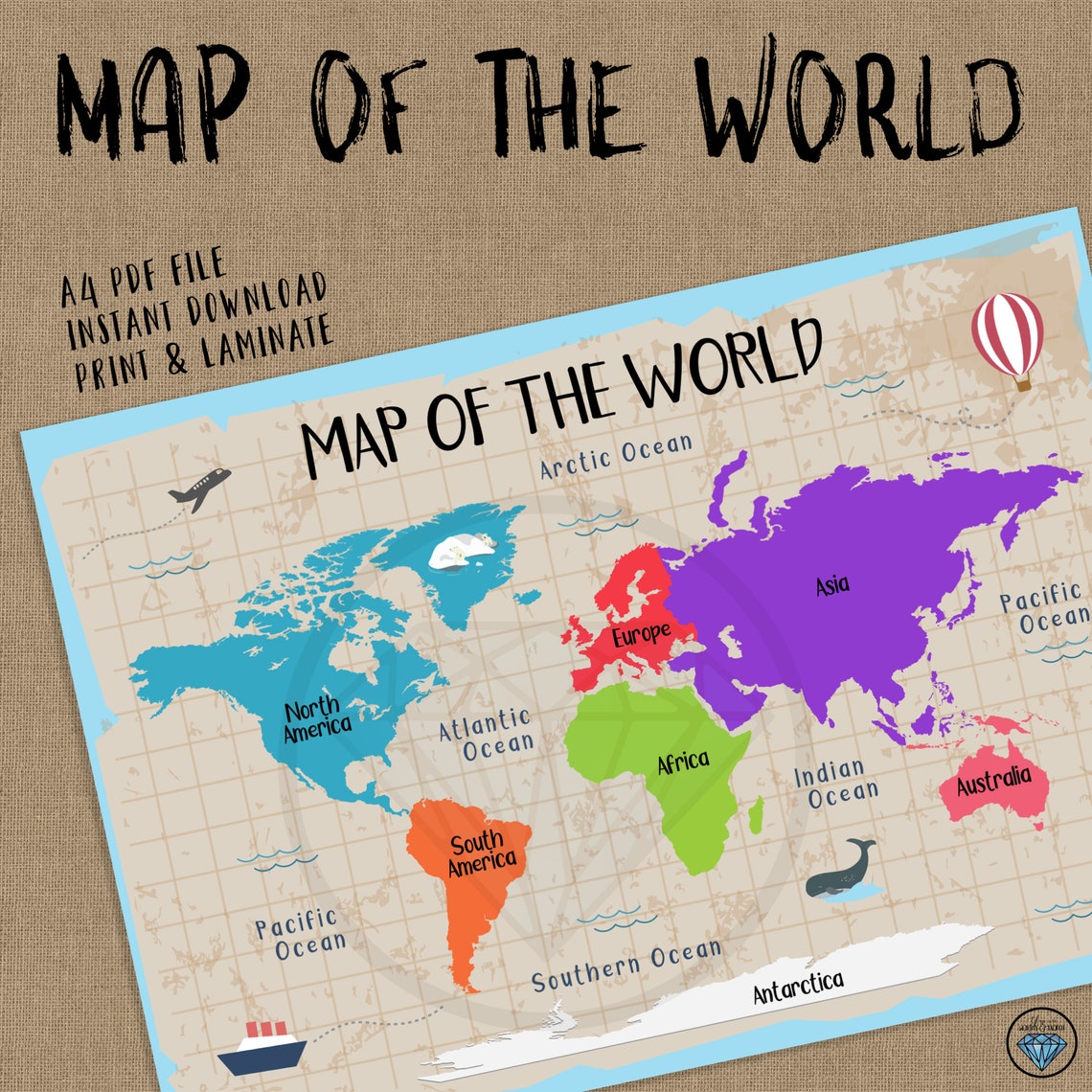 Continents World Map Printable: Preschool Learning Activity (PDF ...