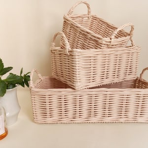 Pink Wicker Storage Baskets with Handles - Set of Three