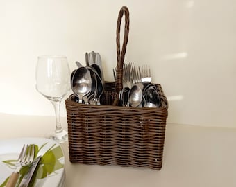 Wicker Silverware Caddy, Flatware Holder/ Condiment Basket, Picnic Basket; storage box, cutlery holder, utensil holder/ 4 section Wine Caddy
