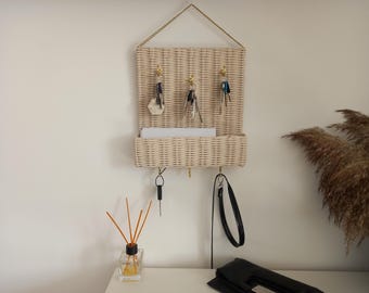Woven Wall Key Holder with Storage Pocket | Wicker Mail Organizer Beige Key Rack