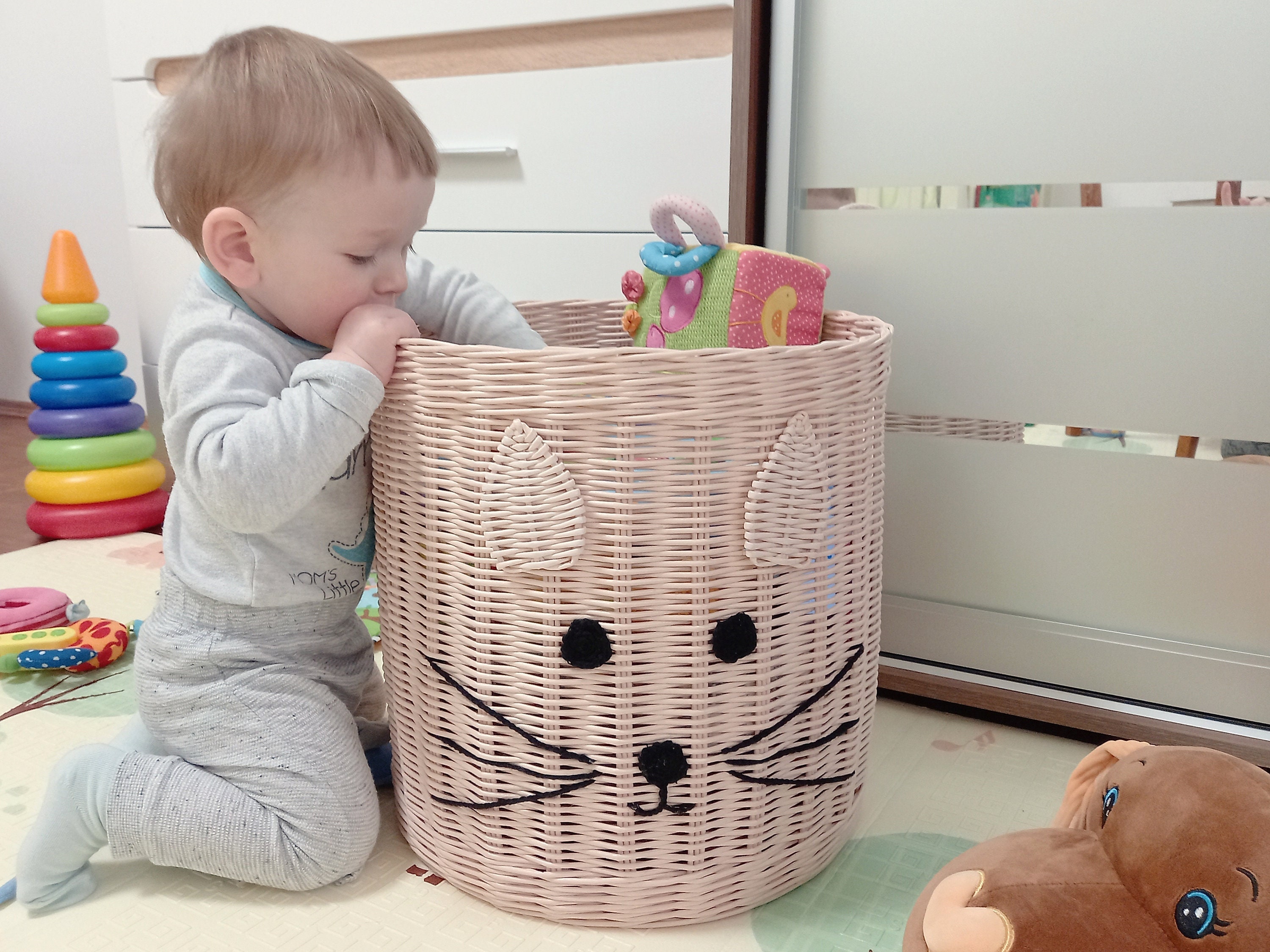 Cesta de juguetes con cara de gato VIVERO, Cesta de almacenamiento tejida,  Bolsa de almacenamiento de juguetes para niños, Papelera de juguetes,  Organizador de dormitorio, Cesta para bebés, Cestas de lavandería para