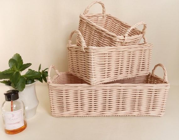 Blush Pink Rectangular Weave Basket Storage Container, 13 x 5.3