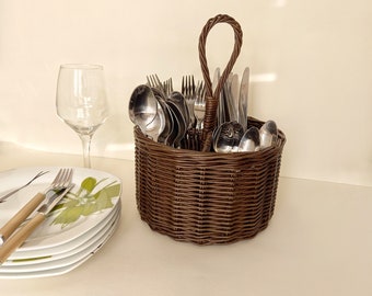 Sturdy storage basket, cutlery holder, utensil holder/ Silverware Caddy, Round 4 section Wine Caddy, condiments holder,  handy craft tote