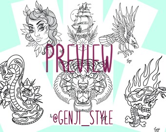 May include: A set of five black and white tattoo flash designs. The designs include a snake with roses, a tiger, a ship, an eagle, and a skull with flames. The designs are in a traditional style and are perfect for tattoo inspiration.