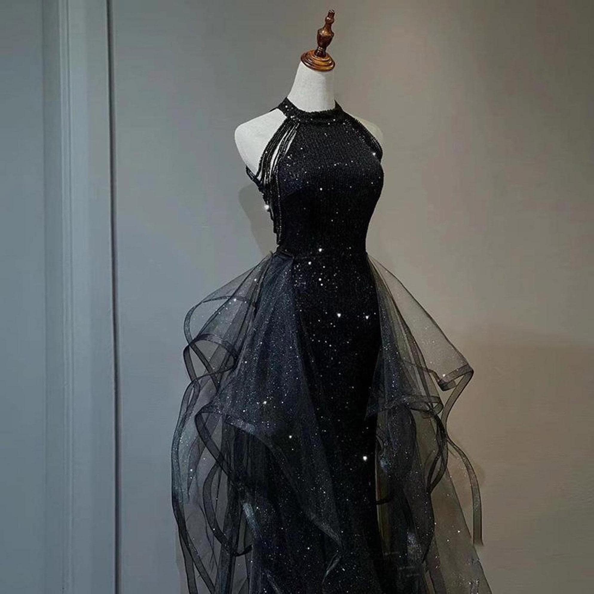Halter Neck Black Tulle Prom Dress, Elegant Dress, Cocktail Dress, Evening Dress, Princess Dress, Birthday Dress, Prom Dress,Party Dress