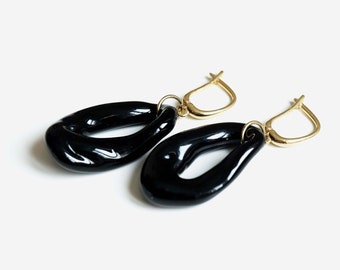 Black gorgeous gold plated silver lightweight glass earrings, french closure,