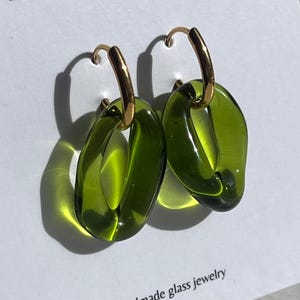 Contemporary large olive green glass earrings, Lightweight, handcrafted, unique, mothers day gift