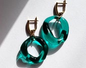 Contemporary large emerald green glass earrings, Lightweight, handcrafted, unique, mothers day gift