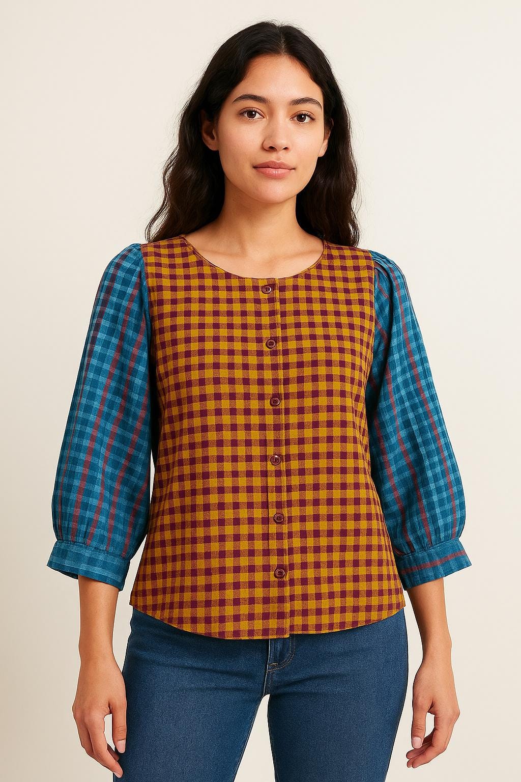 Cotton Balloon Sleeve Blouse: Indian Casual Top, Size 42 Medium