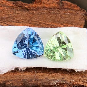Può includere: Due gemme triangolari. Una è di colore azzurro chiaro e l'altra è di colore verde chiaro. Le gemme sono esposte su una superficie bianca, con uno sfondo di legno marrone strutturato.