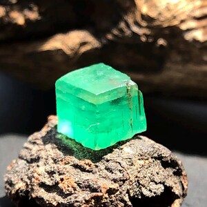 May include: A vivid, emerald-green gemstone with a crystalline structure, set on a rough, dark brown rock. The gem's facets reflect light, highlighting its clarity and colour. The natural setting enhances the gem's raw beauty.