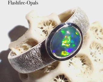 Elegant Black Opal Silver Ring Orange-Green-Gold Size: 57