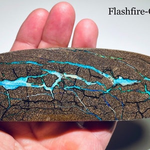 Puede incluir: Un ópalo marrón y negro con vetas azules y verdes. El ópalo tiene forma ovalada y mide aproximadamente 12,5 cm de largo. Flashfire-Opals está escrito en texto blanco sobre fondo negro en la esquina superior derecha de la imagen.