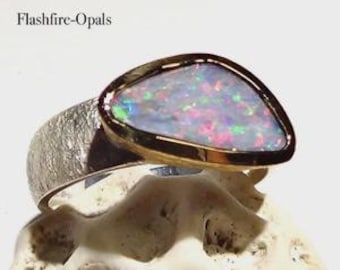 Heavy Boulder Opal Silver Ring / Gold Plated Green-Gold Size: 55