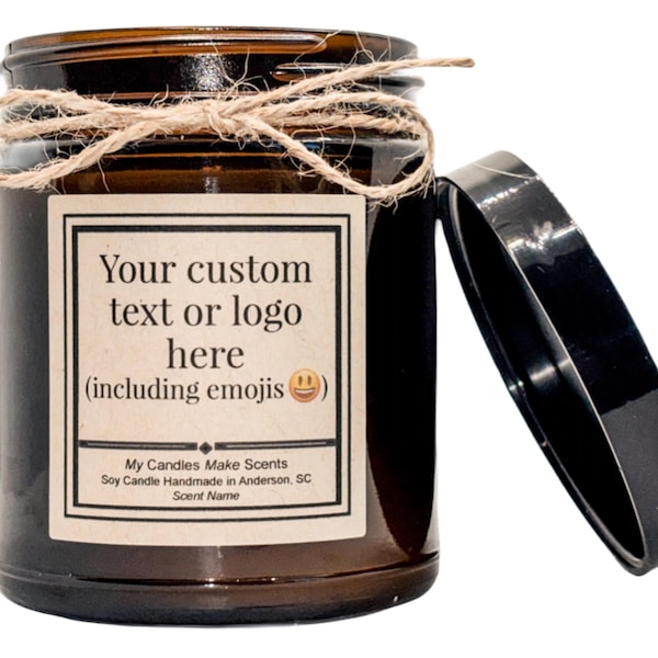 Custom Soy Candle | Personalized Text or Logo Label, 9oz & 4oz Amber or 9oz Clear Jar