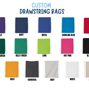 May include: A collection of fifteen rectangular drawstring bags in various solid colors including purple, navy, royal blue, carolina blue, red, forest green, kelly green, lime, hot pink, black, yellow, gold, charcoal, grey, white, and natural.