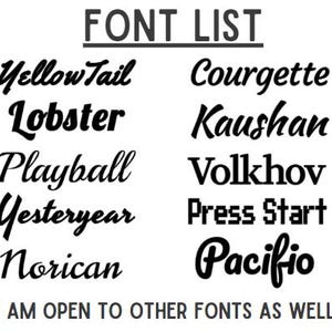 Op de afbeelding: Een zwart-witte lettertypelijst met de namen YellowTail, Lobster, Playball, Yesteryear, Norican, Courgette, Kaushan, Volkhov, Press Start en Pacifico. De tekst onderaan luidt, *I AM OPEN TO OTHER FONTS AS WELL*.