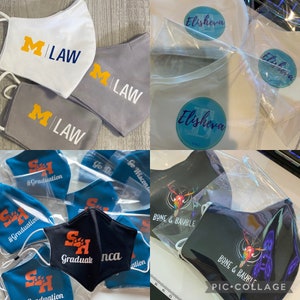 May include: A collage of images featuring various face masks. The masks are made of different fabrics and feature a variety of designs, including a University of Michigan Law logo, a graduation cap and paw print, and a deer skull with the text "Bone & Bauble".