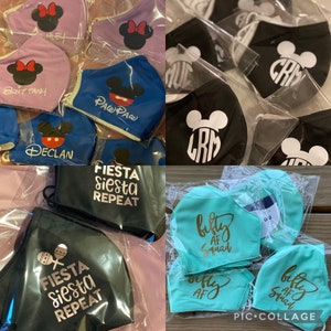 May include: A collage of various face masks with different designs. Some masks feature Disney characters, others have monograms, and some have text like "Fiesta Siesta Repeat" and "Bifty AF Squad".