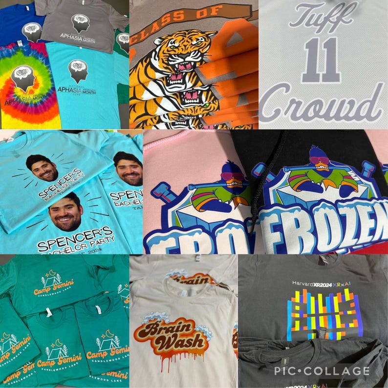 May include: A collage of various t-shirts with graphic designs and text. Designs include a tiger, a brain with the words "APHASIA MONTH", a jersey with "Tuff 11 Crowd", and a bachelor party shirt. Other shirts have the words "FROZEN", "Brain Wash", and "HarvardXR2024xRxAl".