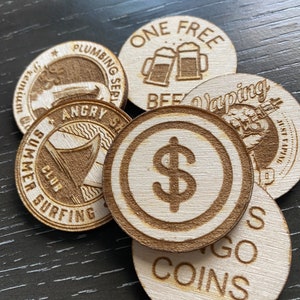 Custom 1.75" Wooden Tokens | Drink Tokens | Party Favors | Keepsakes | Card game Tokens | Play Tokens | Wedding Gifts | Souvenir