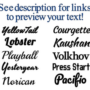 May include: A collection of ten font names written in different styles. The font names are Yellow Tail, Lobster, Courgette, Kaushan, Playball, Volkhov, Yesteryear, Press Start, Norican, and Pacifio.