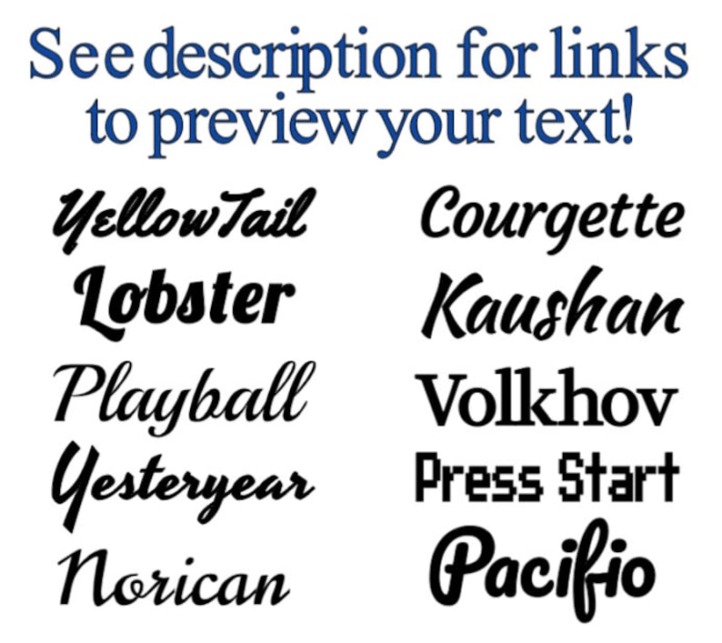 May include: A collection of ten font names written in different styles. The font names are Yellow Tail, Lobster, Courgette, Kaushan, Playball, Volkhov, Yesteryear, Press Start, Norican, and Pacifio.
